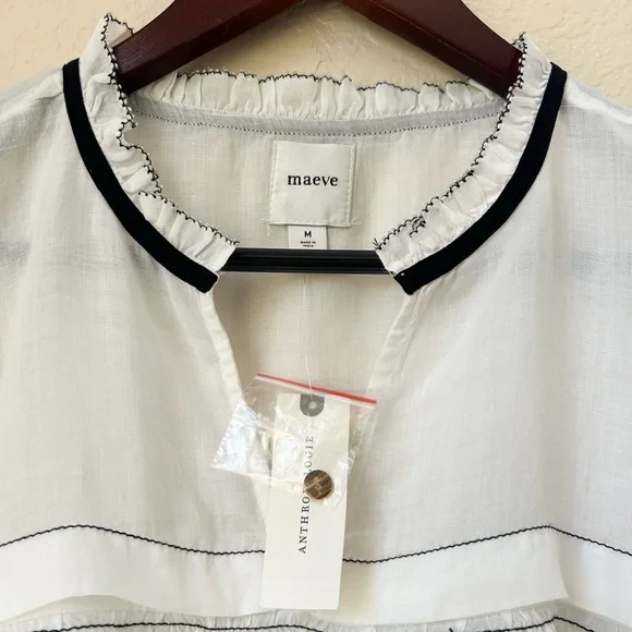 NWT Anthropology Maeve Balloon-Sleeve V-Neck Stitched Blouse Size M - Picture 6 of 8